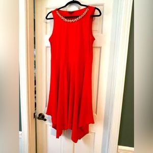 MSK, size M, hot orange asymmetrical dress w/gold braided accents